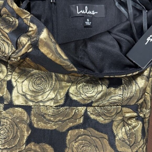 NWT Lulus Great Night Black and Gold Floral Print Jacquard Strapless Dress​ - Picture 8 of 8
